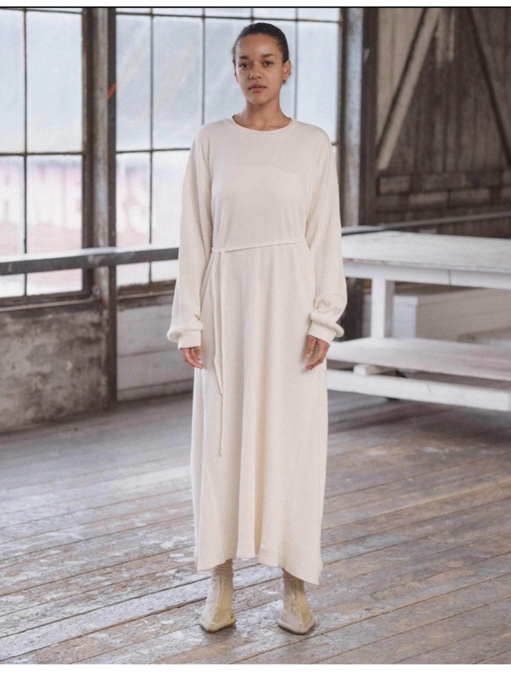 BASERANGE - Cream Knit Long Sleeve Maxi Dress, With Front Tie